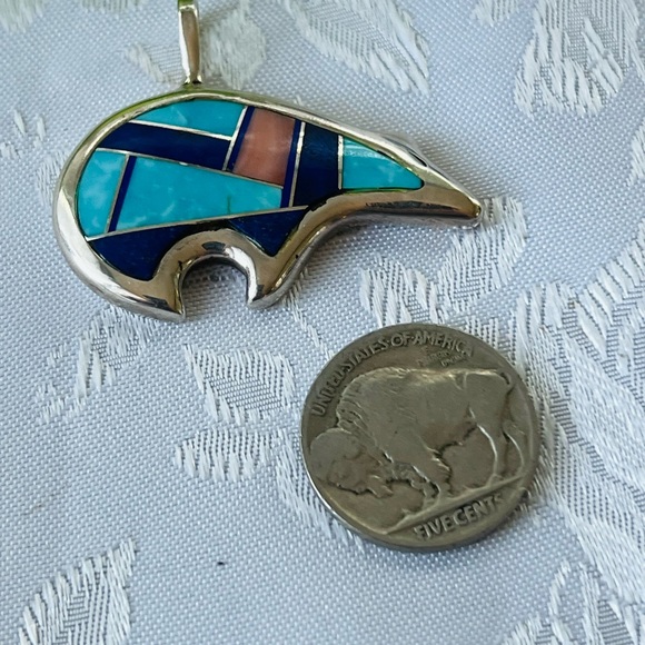 Phillip Guerro PTG Navajo Medicine Bear Silver Inlay Pendant 13.5 g Estate - Picture 3 of 5